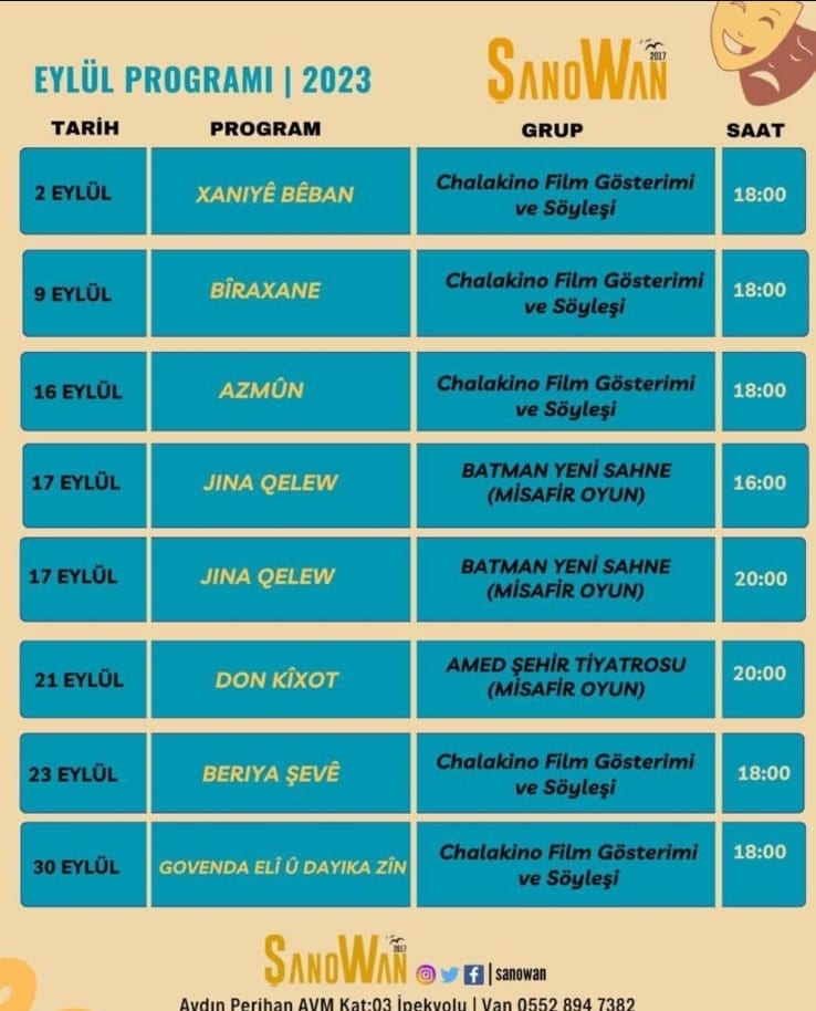 Bernameya Îlonê ya ŞanoWanê diyar bû: Îşev dê filma ‘Xaniyê Bêban’ bê nîşandan - v 02 09 2023 sanowan eylul programi